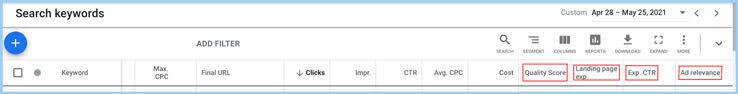 Figure 5: Quality Score status columns in the keywords table